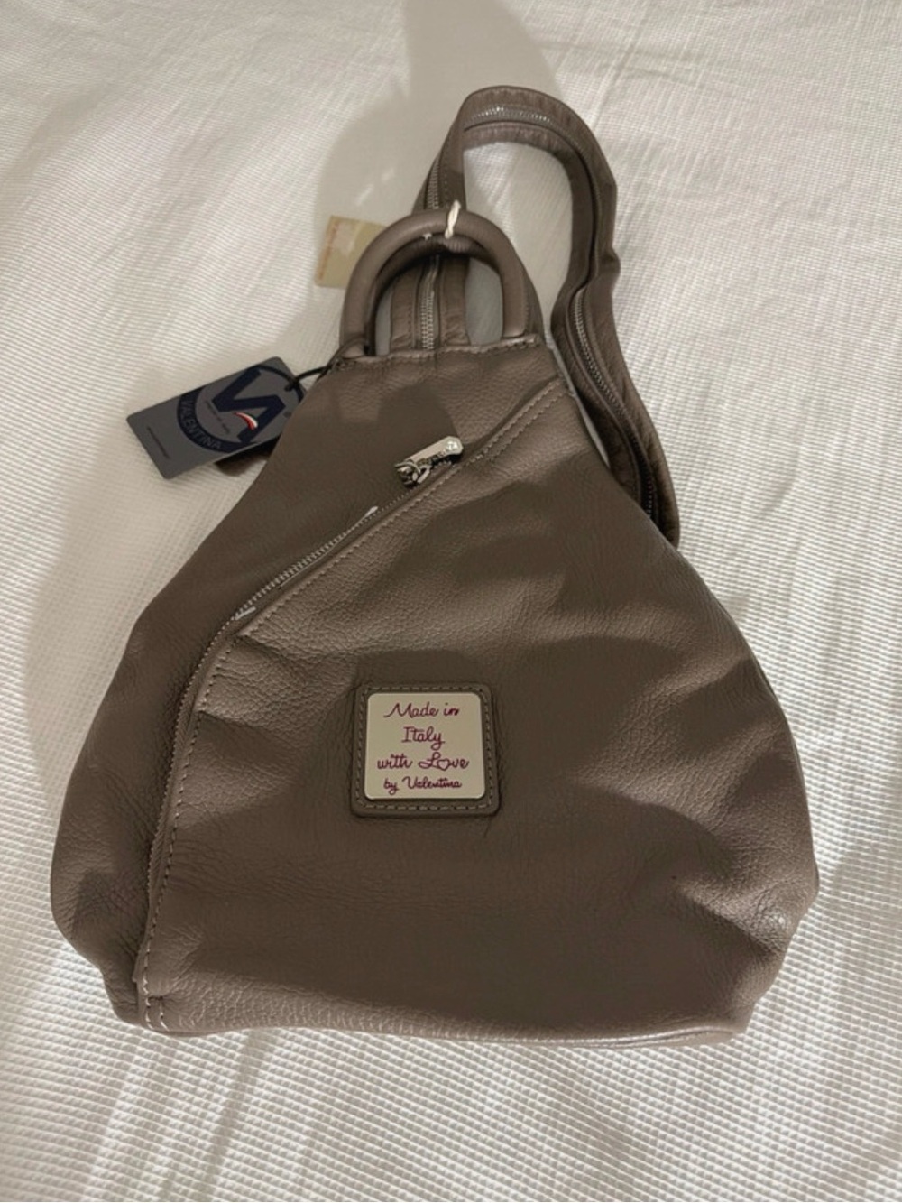 Valentina Taupe Leather Sling Backpack New